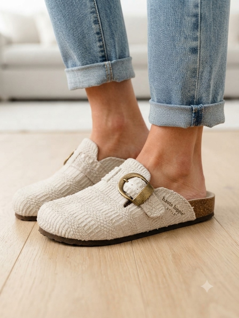 Haute Hippie Cream Textured Slip-On Clog with Brass Buckle